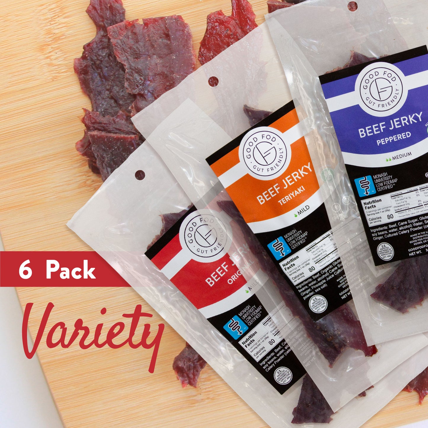 Good Fod Foods Beef Jerky JUMBO Variety Pack of 6 Packages (Save 10%)