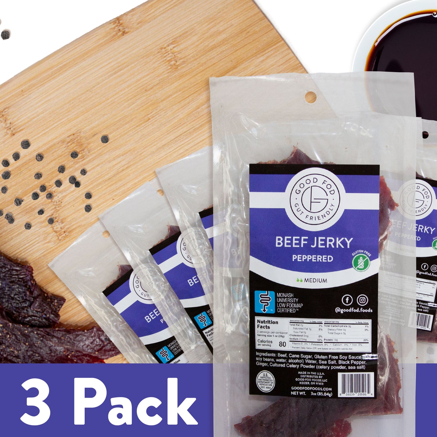 Good Fod Foods Peppered Beef Jerky 3-Pack