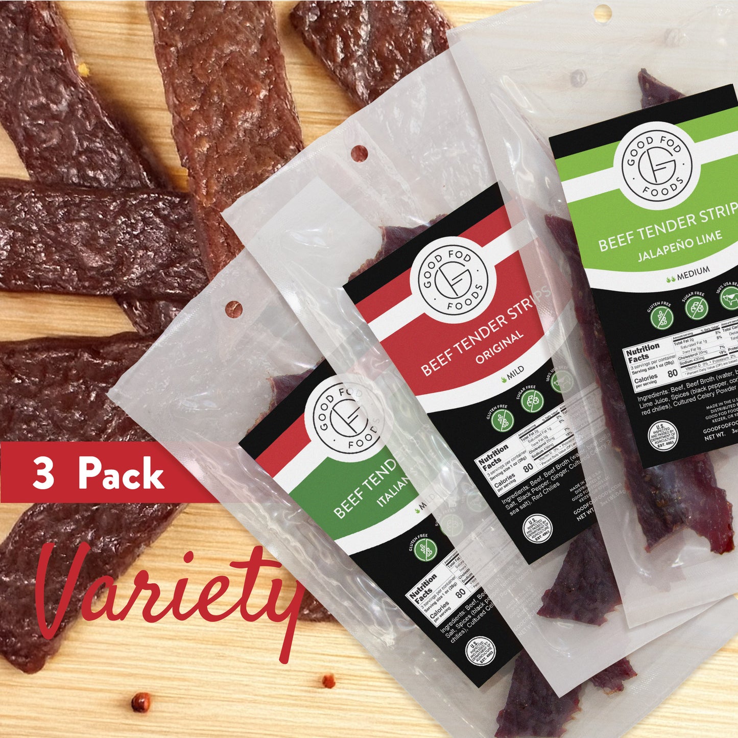 Good Fod Foods Beef Tender Strips Variety Pack of 3 Packages
