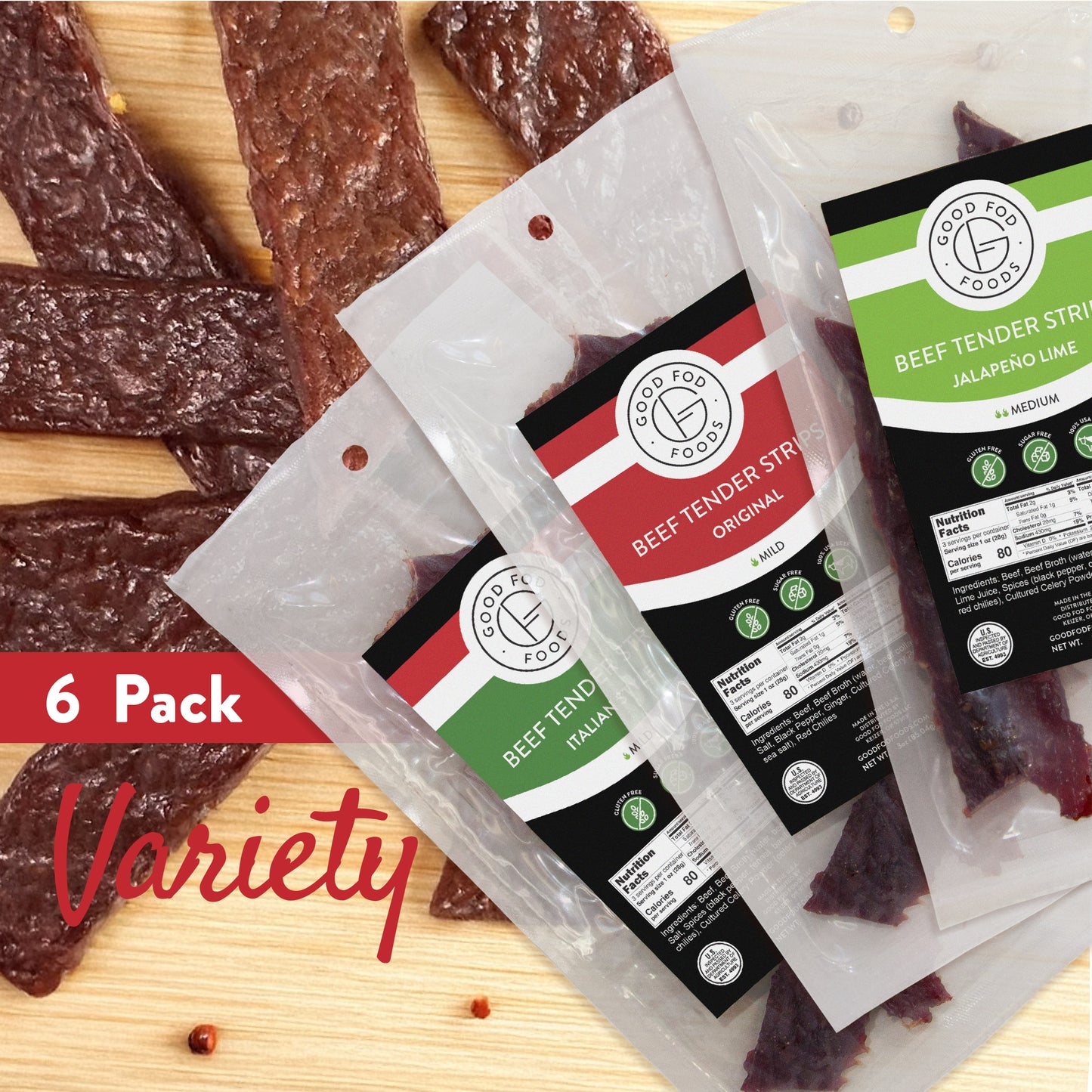 Good Fod Foods Beef Tender Strips JUMBO Variety Pack of 6 Packages (Save 10%)