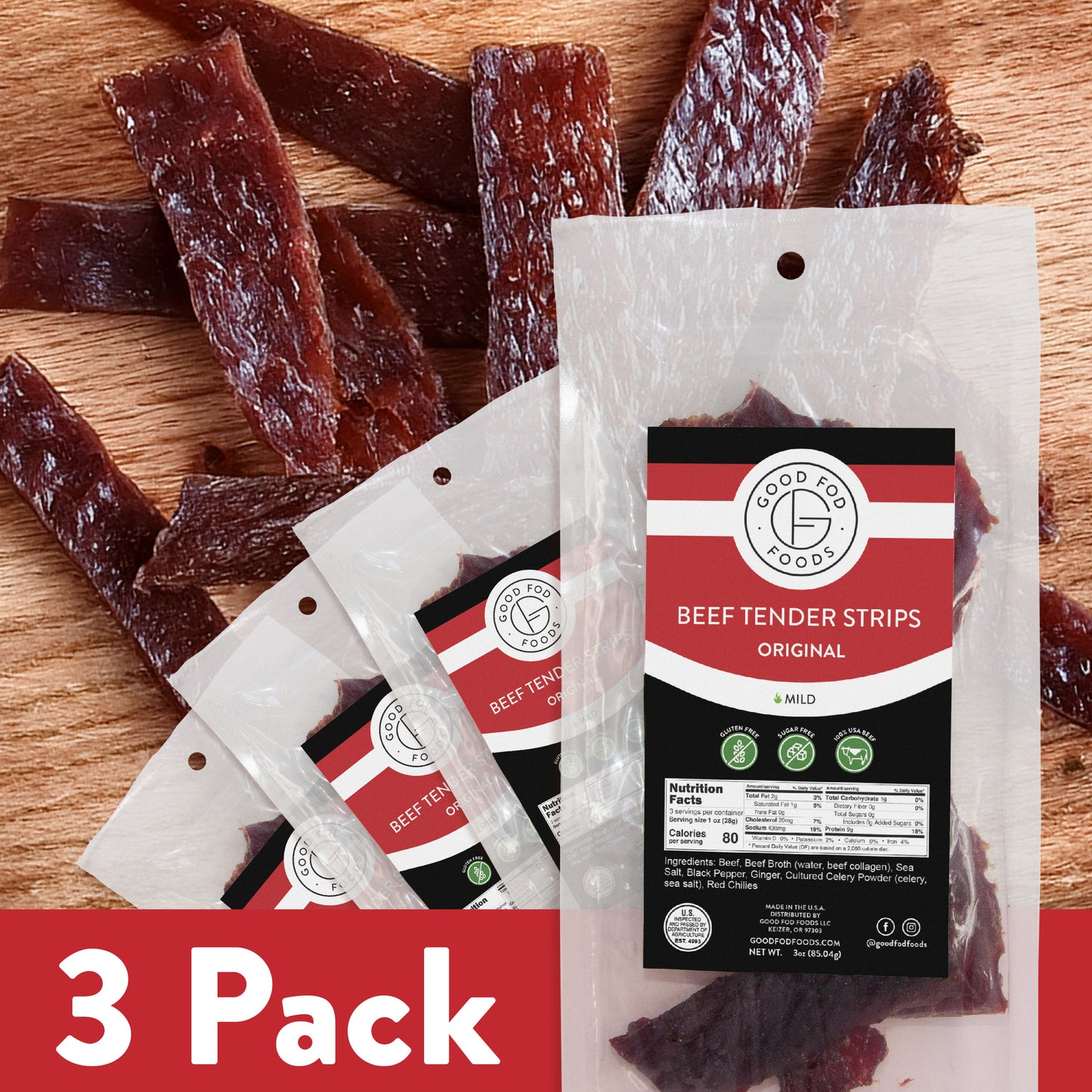 Good Fod Foods Original Beef Tender Strips 3-Pack